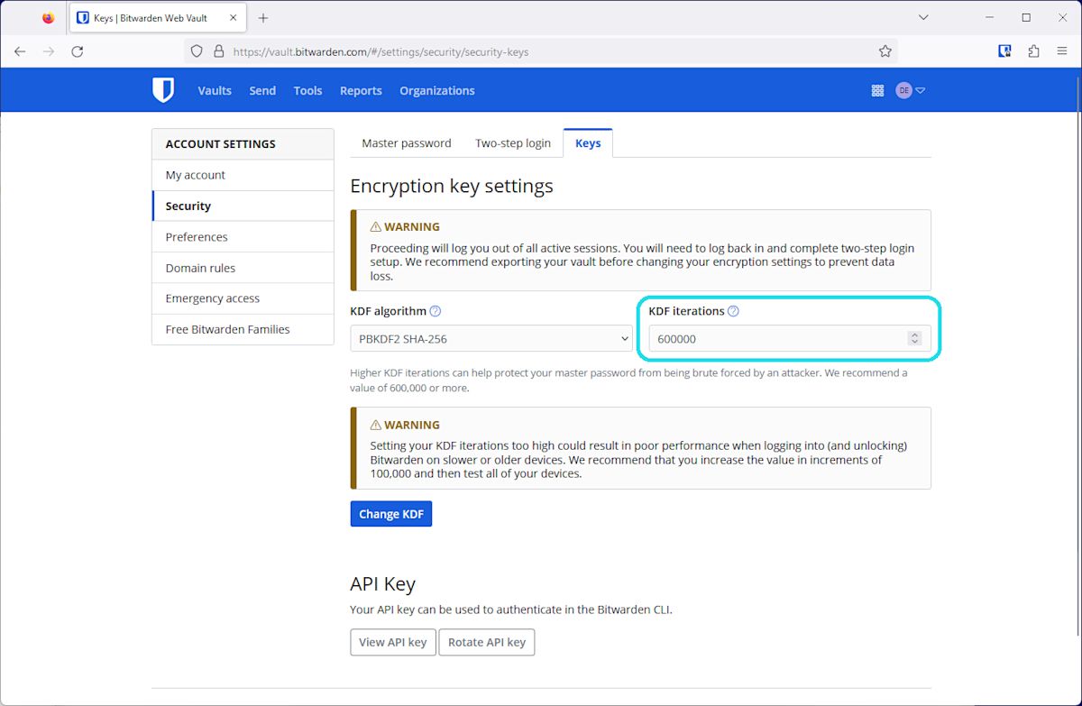 The Encryption key settings in the Bitwarden web app