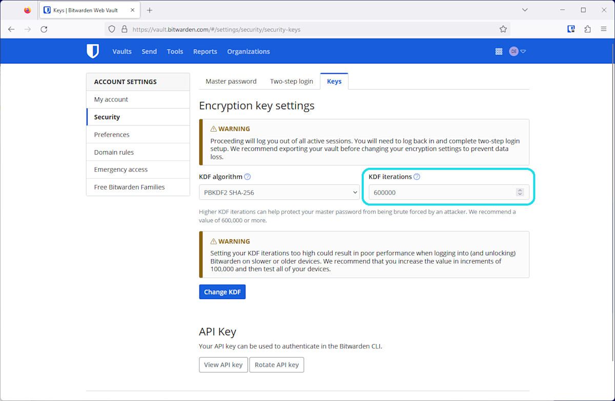 The Encryption key settings in the Bitwarden web app