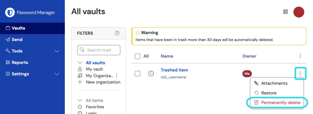 Trash in the web app