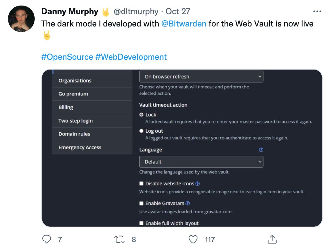 A Savvy User Brings Dark Mode to Bitwarden Twitter