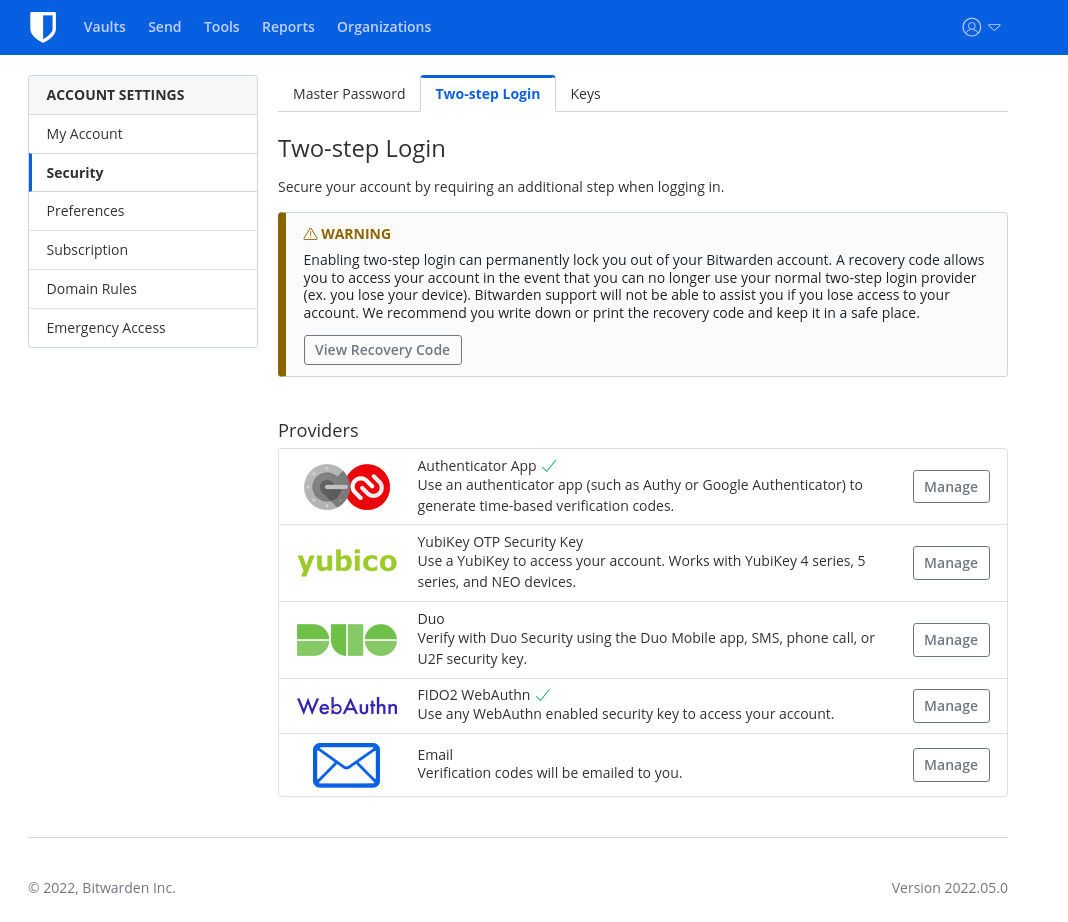 Figure B: The Two-step Login tab is where you can manage the various types of 2FA for your Bitwarden account.