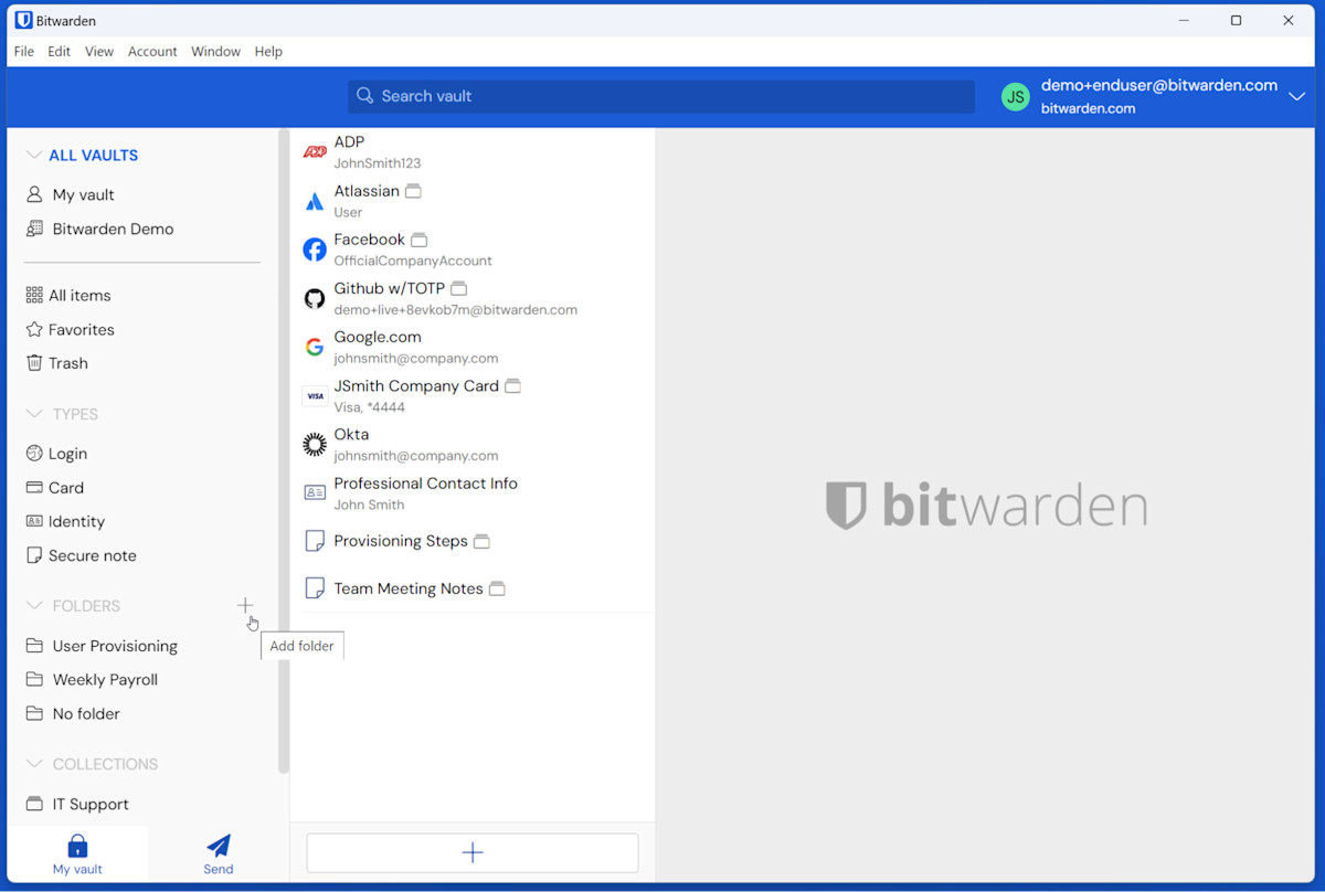 Figure 1: The Bitwarden sidebar is where to go to create a folder.