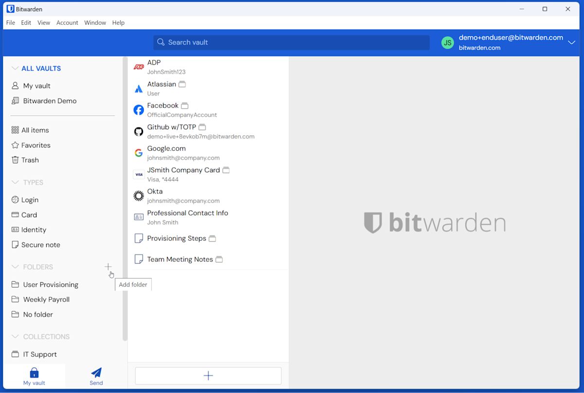 Figure 1: The Bitwarden sidebar is where to go to create a folder.