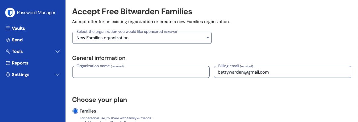 Nieuwe vrije Bitwarden-families