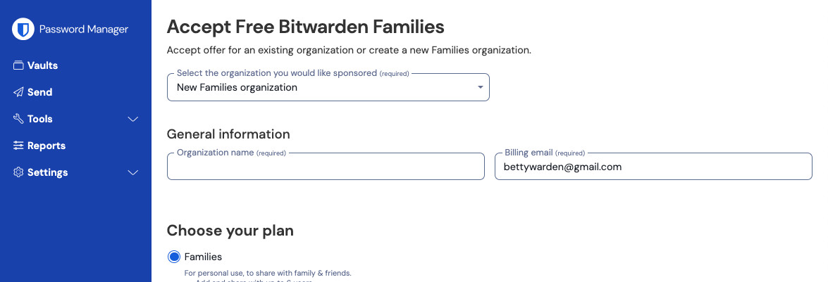 新しい無料のBitwardenファミリー
