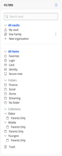 Collections and folders within the family org help us stay organized and ensure each child has access to the logins they need.
