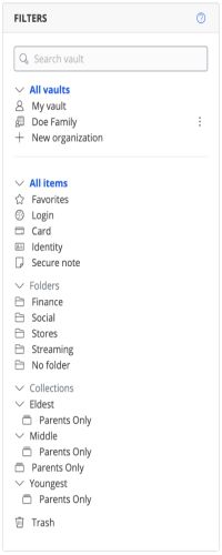 Collections and folders within the family org help us stay organized and ensure each child has access to the logins they need.