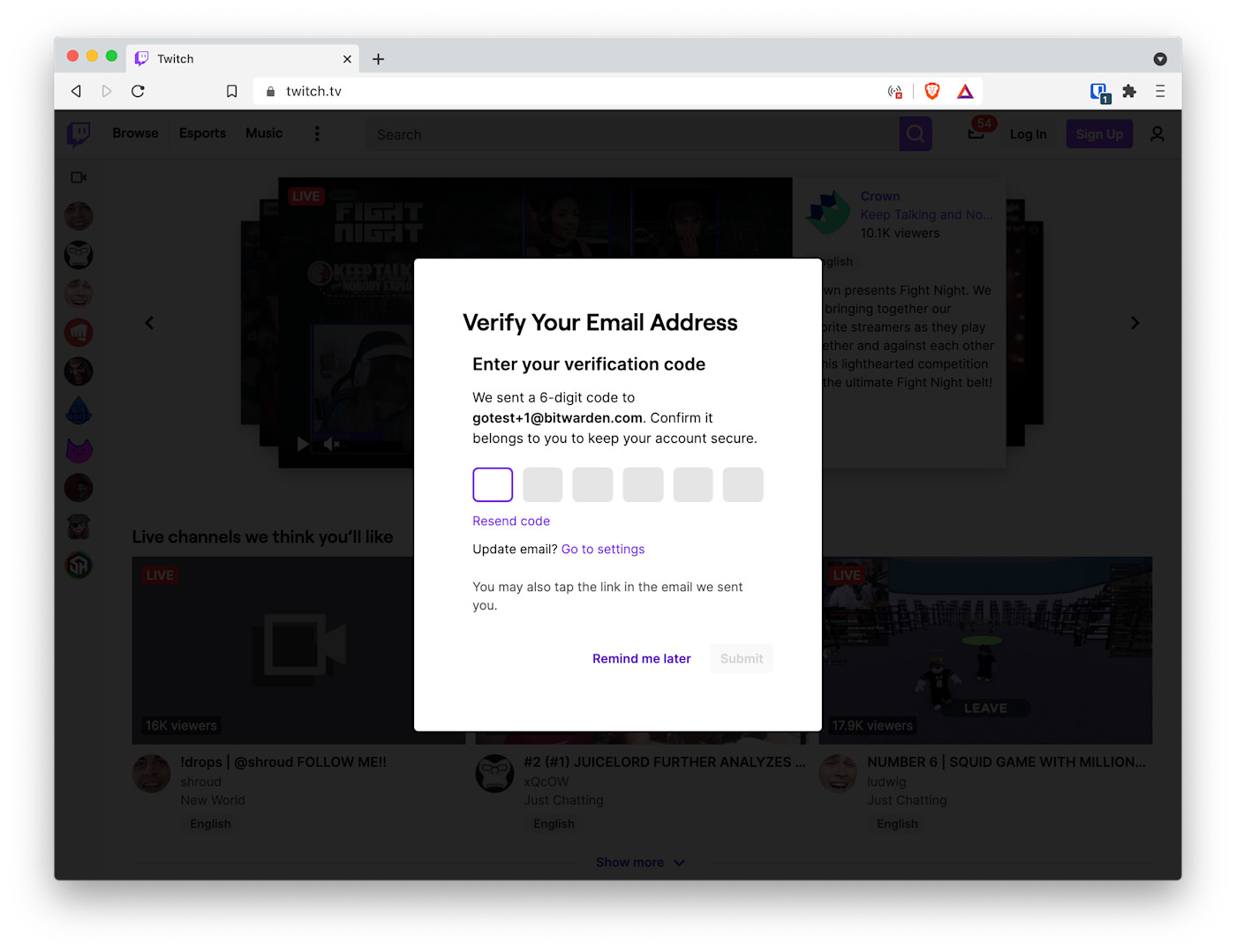 Enter in Twitch verification code