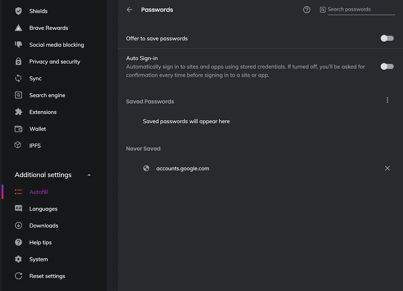 Hur man inaktiverar Braves inbyggda lösenordshanterare
