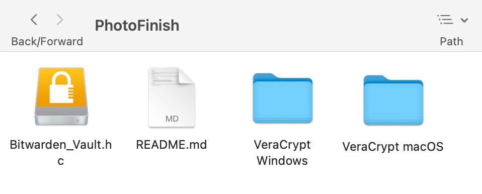 The encrypted volume (Bitwarden_vault.hc) appears alongside non-encrypted files on the PhotoFinish USB drive