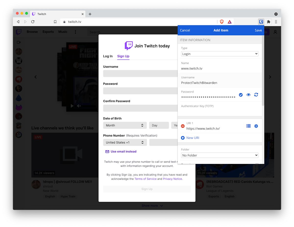 Select and save your Twitch credentials with the Bitwarden browser extension