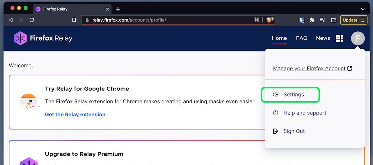 Firefox Relay Settings Menu
