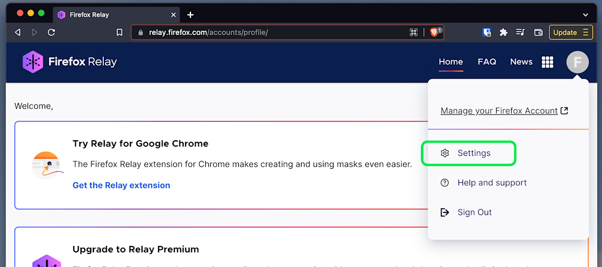 Menú de configuración de retransmisión de Firefox