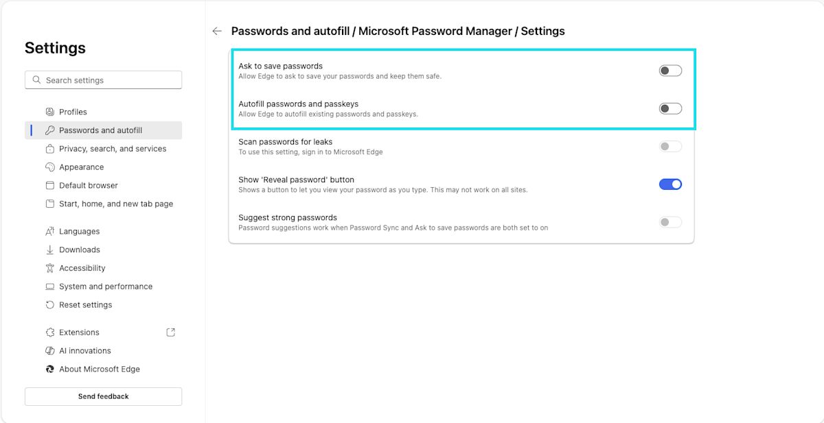 Toggle save passwords