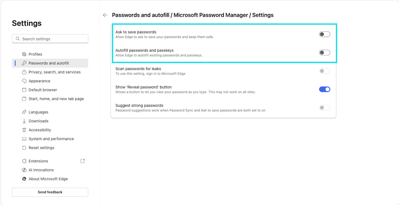 Toggle save passwords