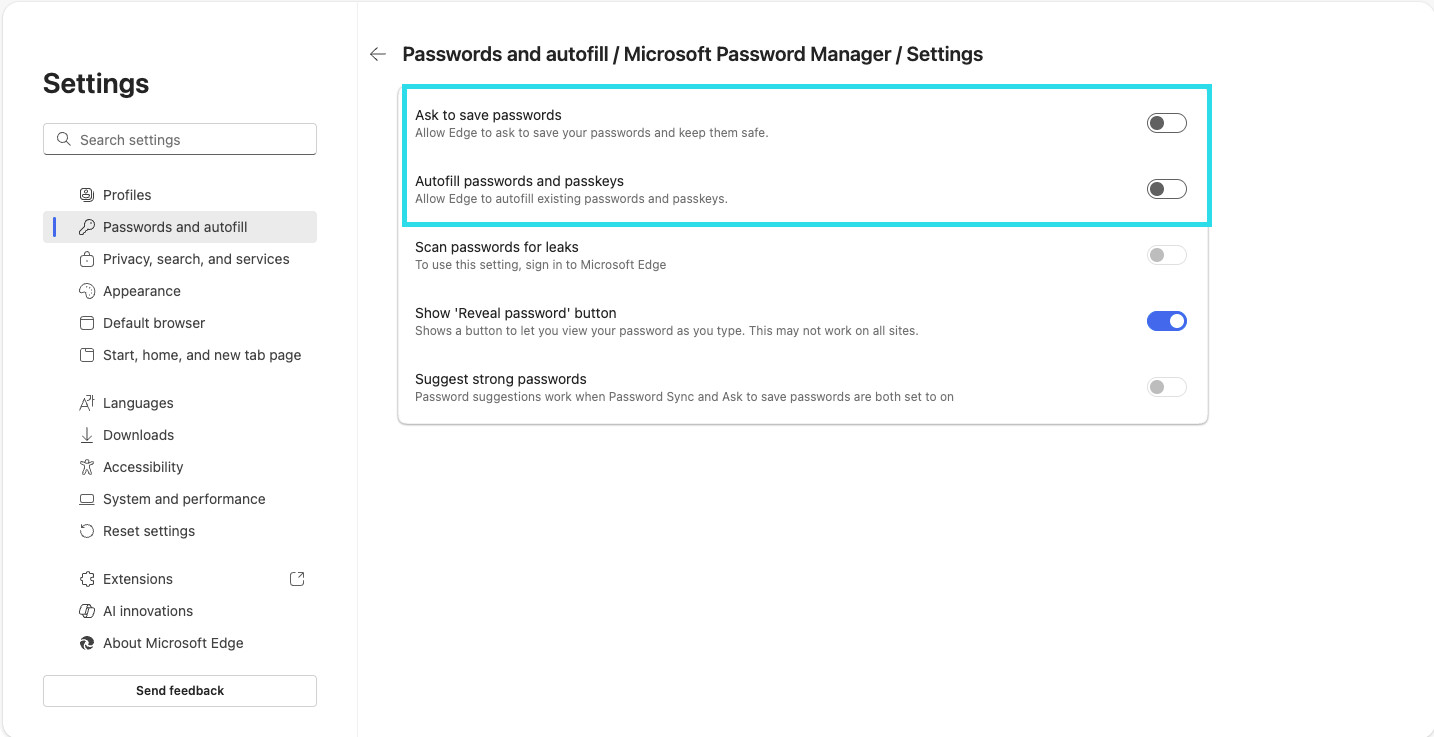 Toggle save passwords