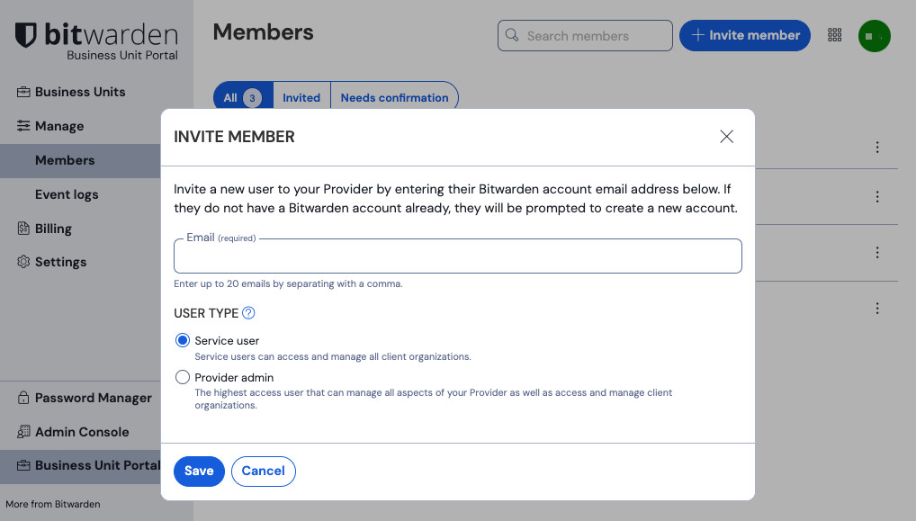 Invite business unit members