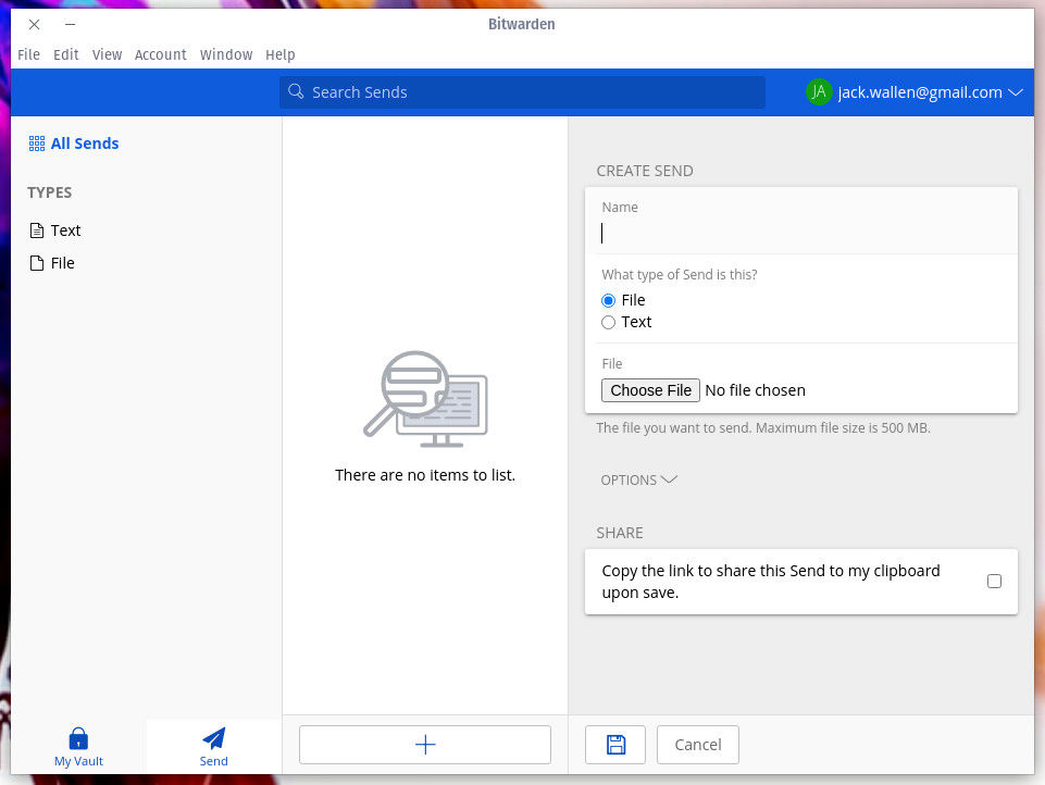 Figure 3: Creating your first Send in Bitwarden