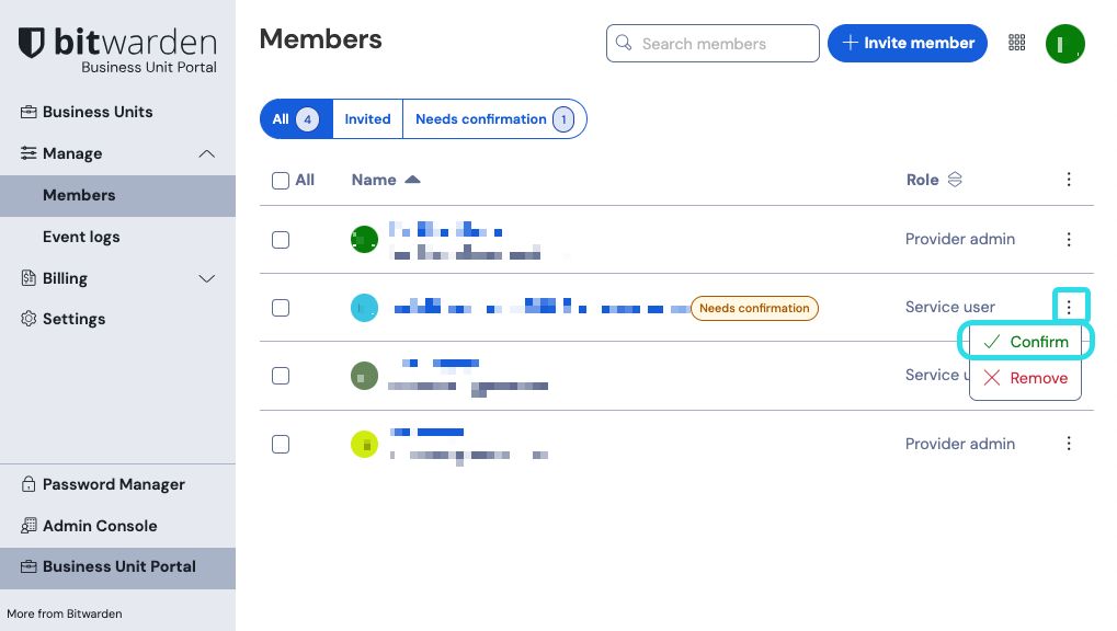 Confirm business unit invites