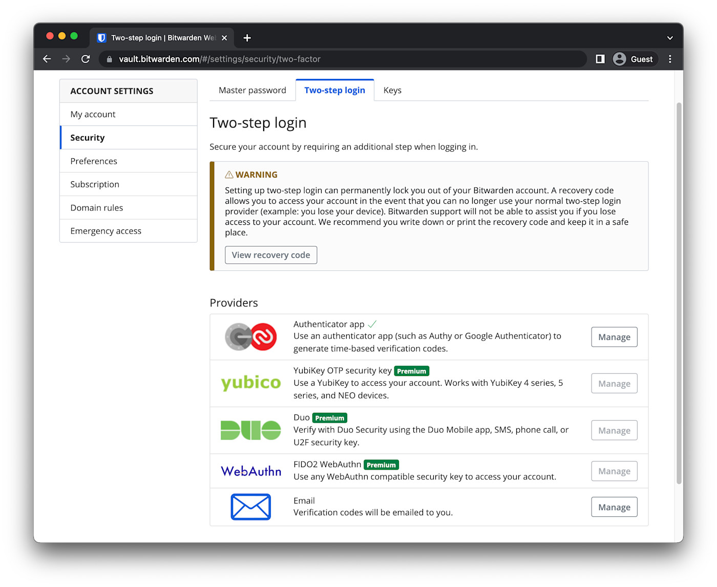 With two-step login enabled, be sure to grab your Bitwarden Recovery Code
