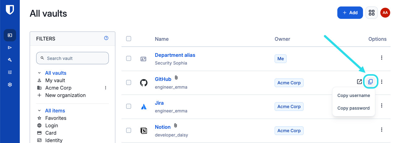 Copy in web app
