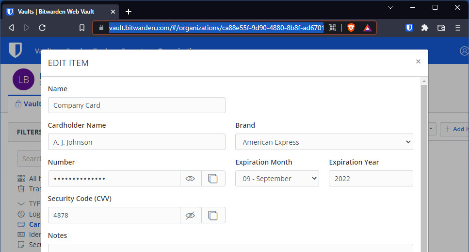 Example of Vault Item - URL highlighted for copying