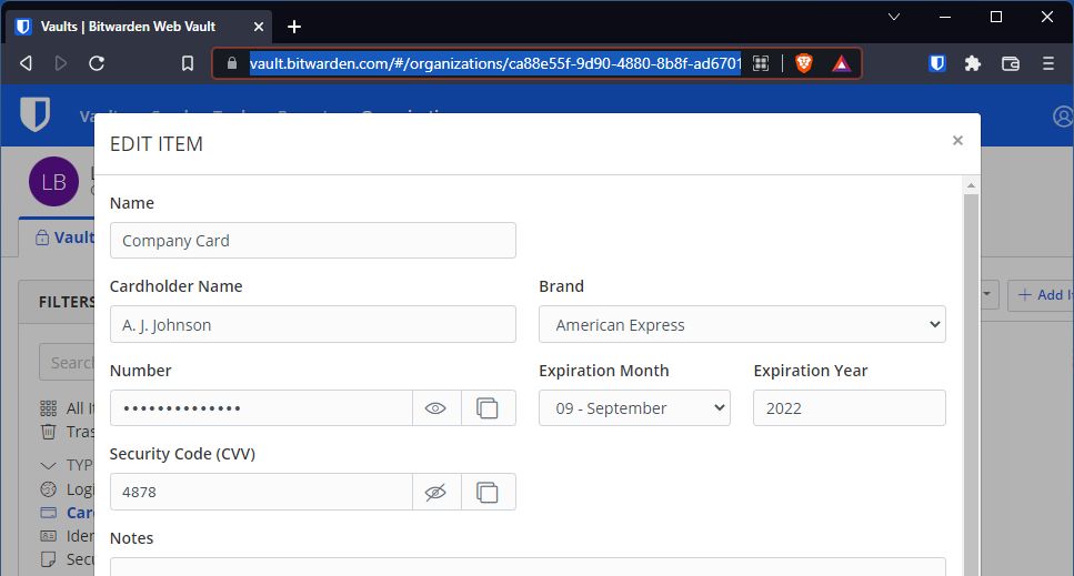 Example of Vault Item - URL highlighted for copying