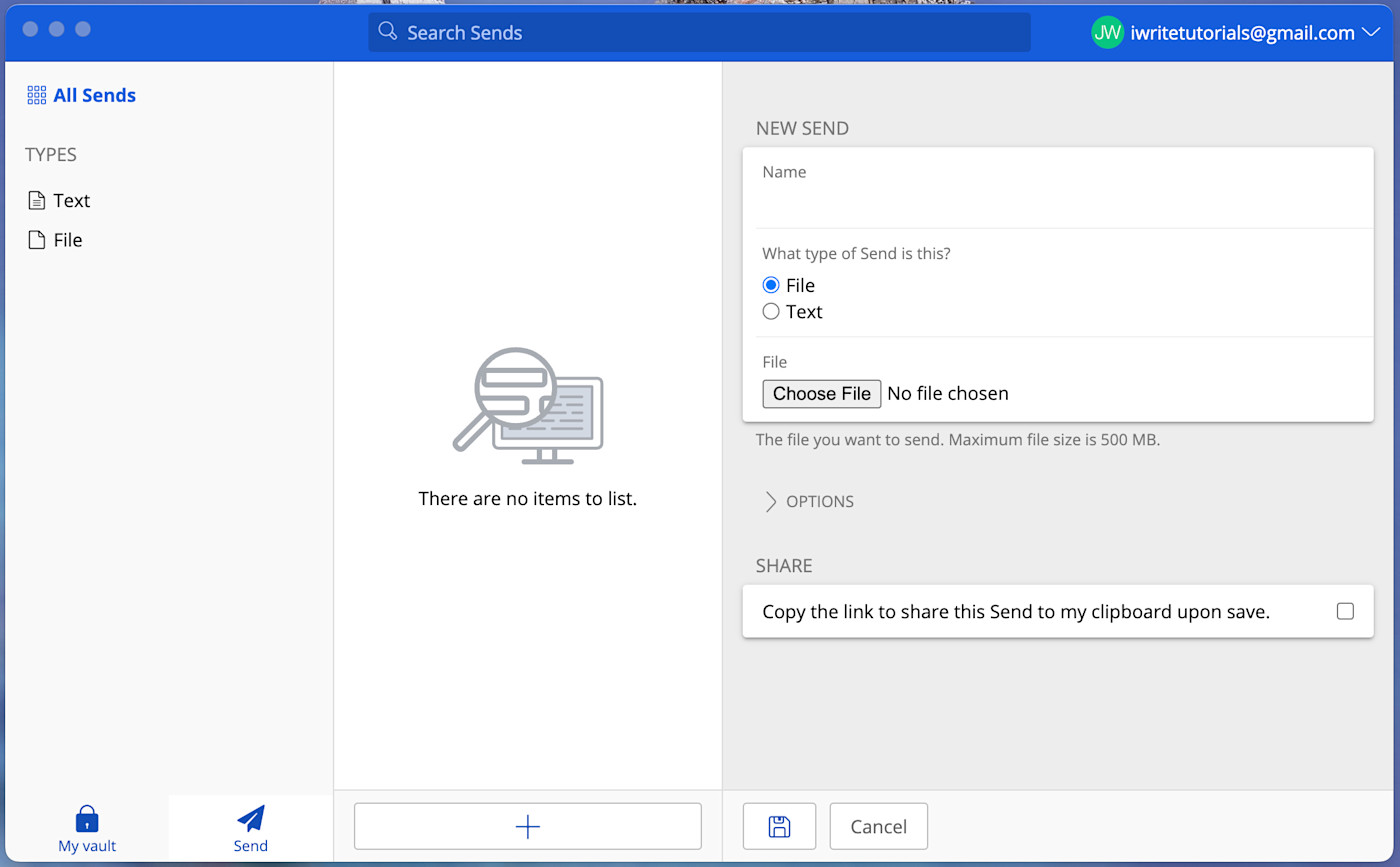 Figure 2: Creating a Send with the Bitwarden Password Manager.