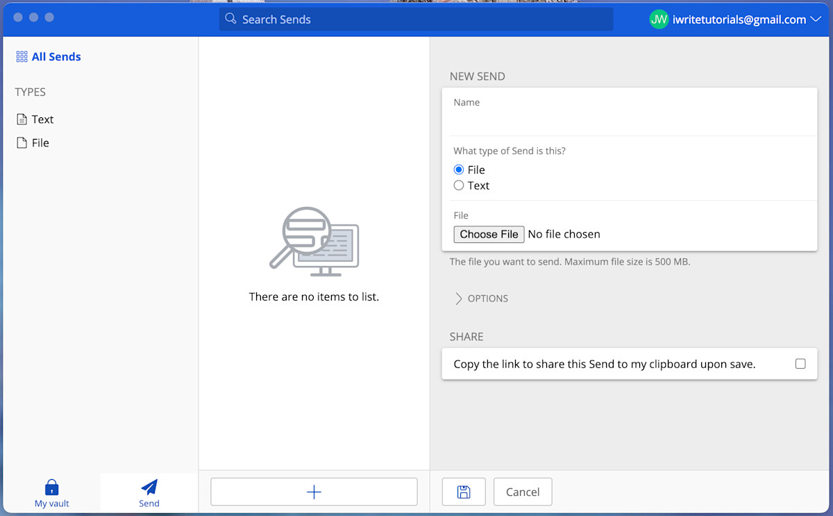 Figure 2: Creating a Send with the Bitwarden Password Manager.