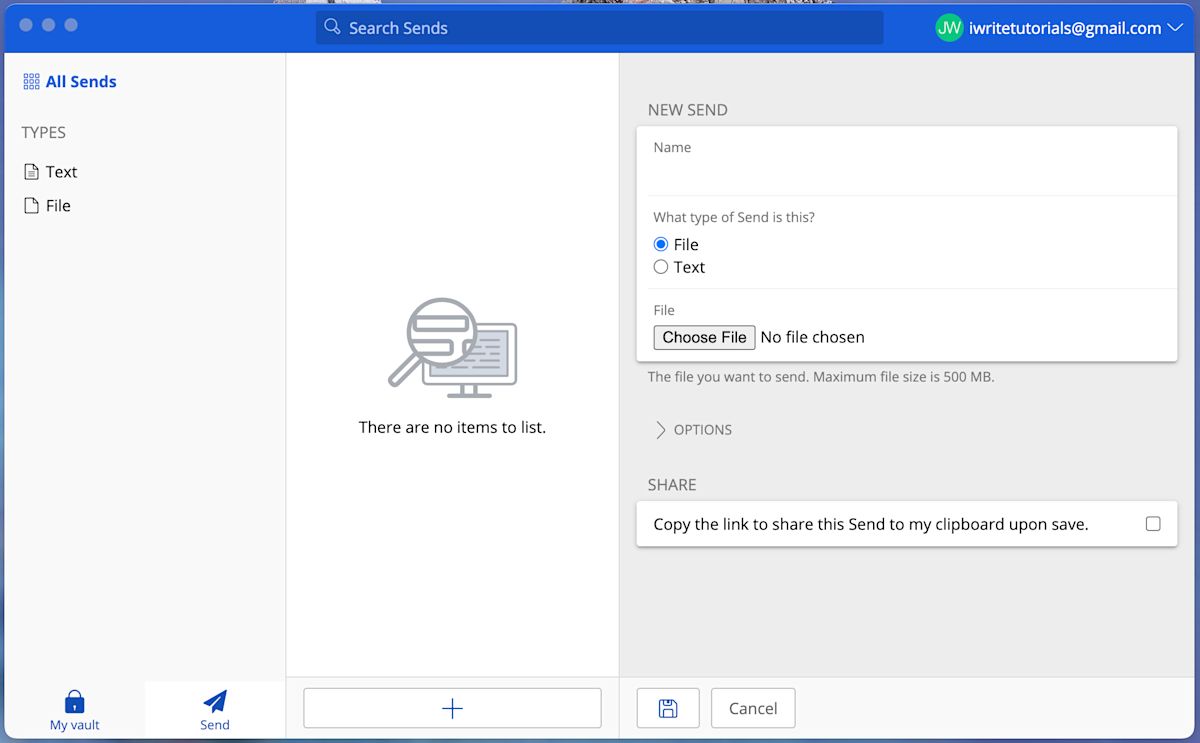 Figure 2: Creating a Send with the Bitwarden Password Manager.