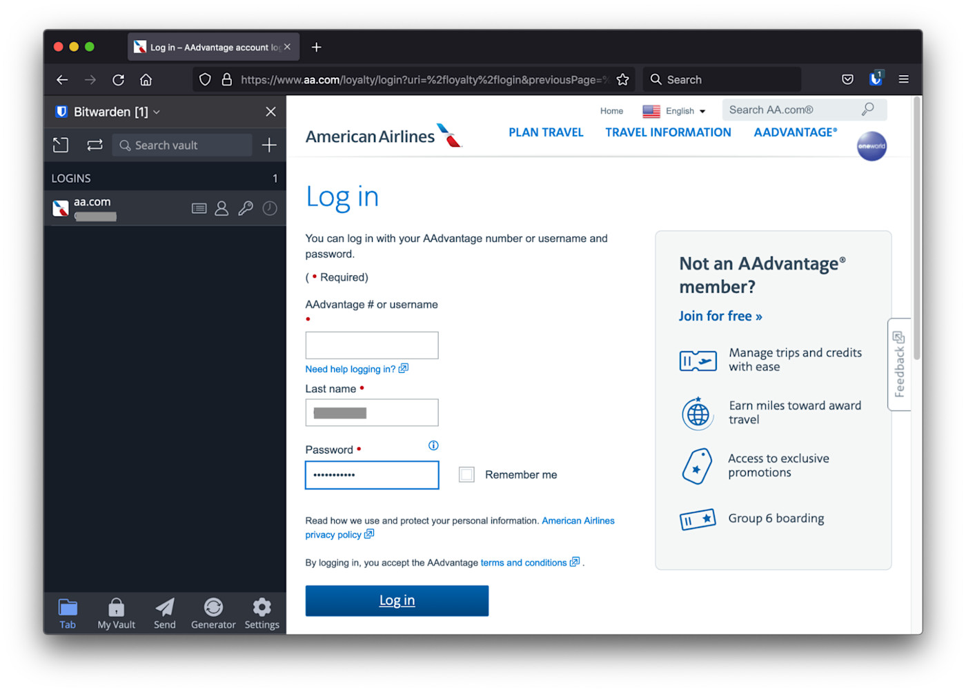 Use Bitwarden to autofill AAdvantage login last name and password