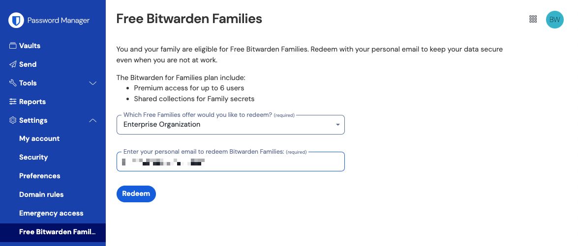 Gratis Bitwarden Families