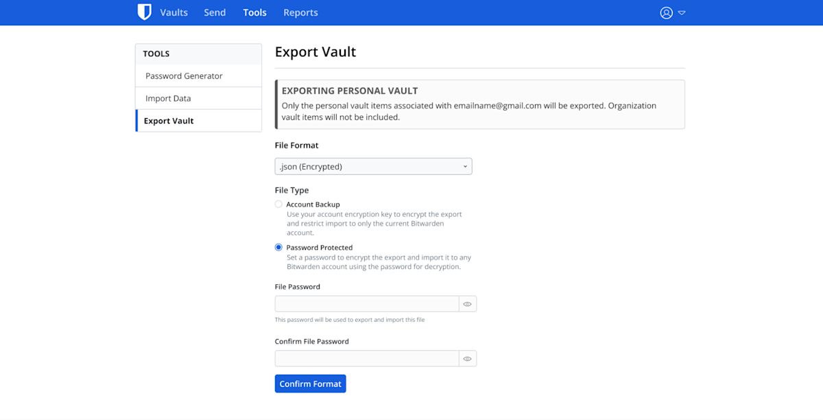 Export your Bitwarden vault