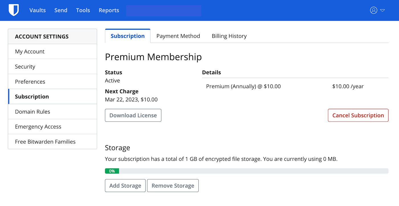 New Subscription Page - Showing the Subscription settings in account settings.
