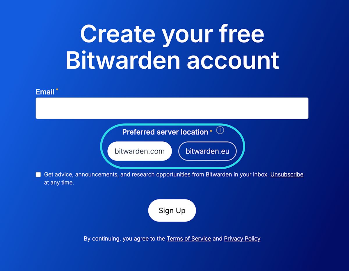 Create account and choose server location