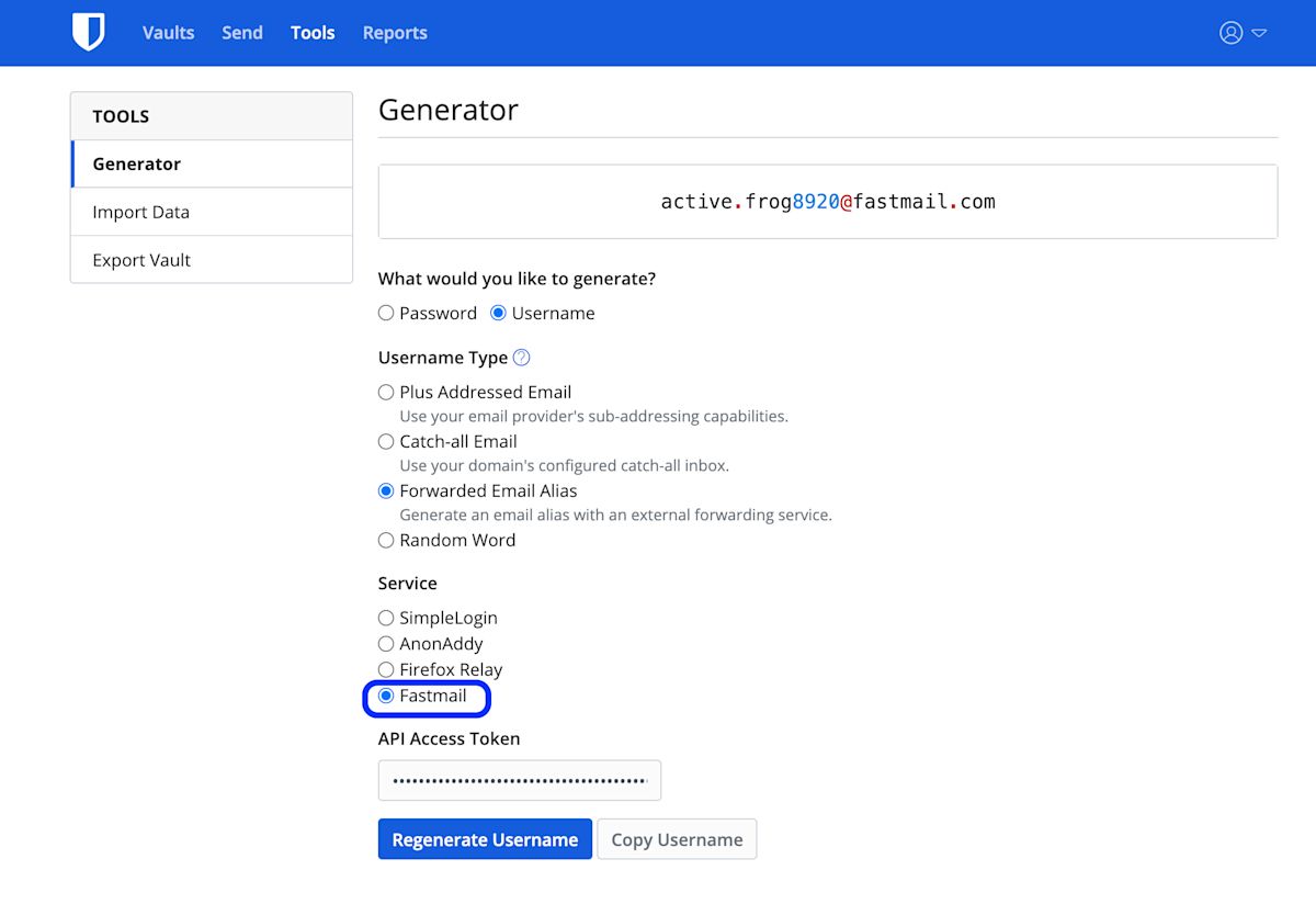 Bitwarden and Fastmail integration - The Bitwarden Generator now includes Fastmail email alias