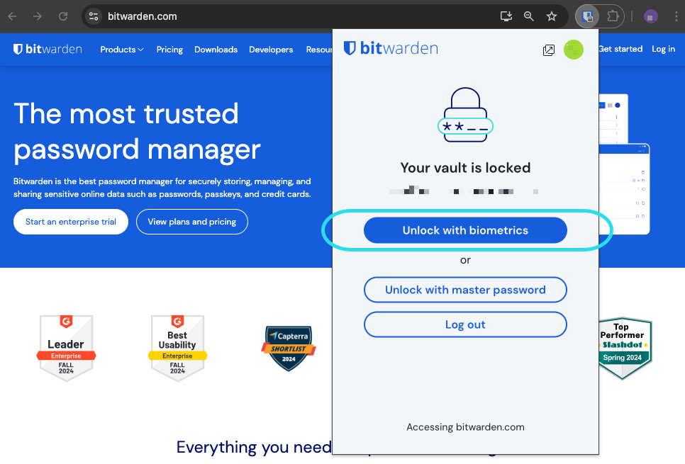 Browser extension unlock with biometrics 