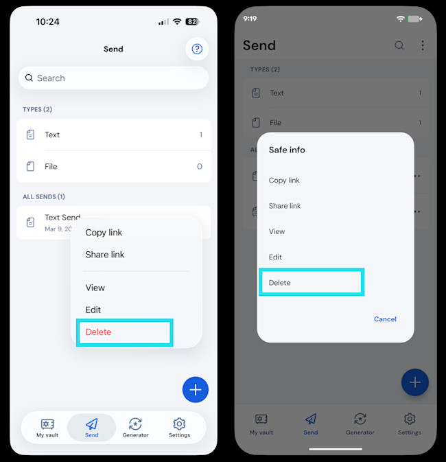 Delete a send on mobile
