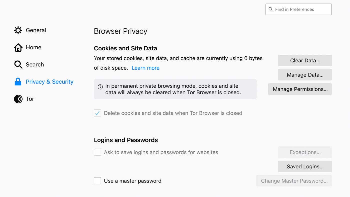 Torの組み込みパスワードマネージャーの無効化方法