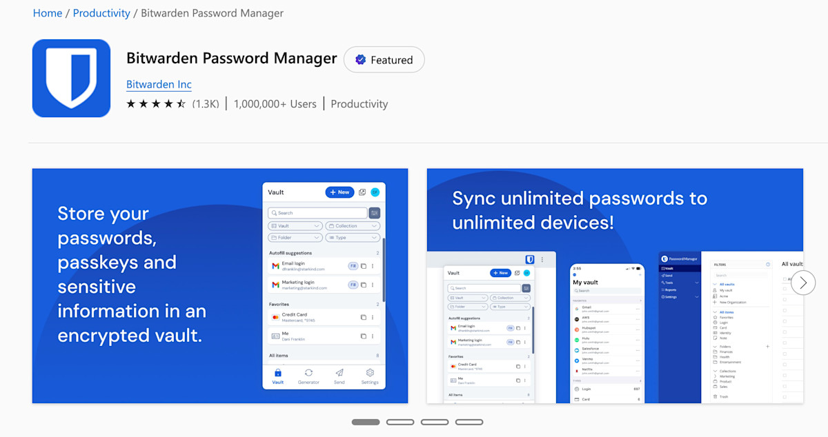 The Microsoft Store listing for Bitwarden's Edge extension