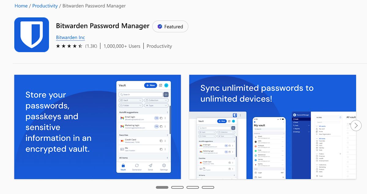 The Microsoft Store listing for Bitwarden's Edge extension