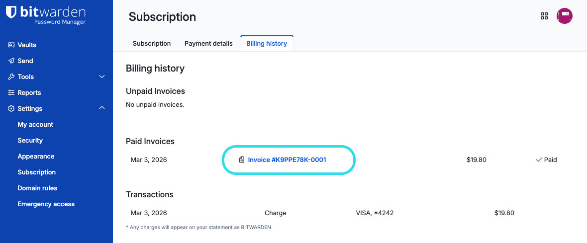 Individual subscription invoice