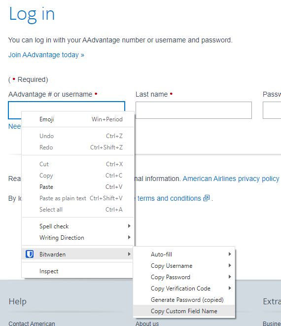 Using the context menu to copy the field name