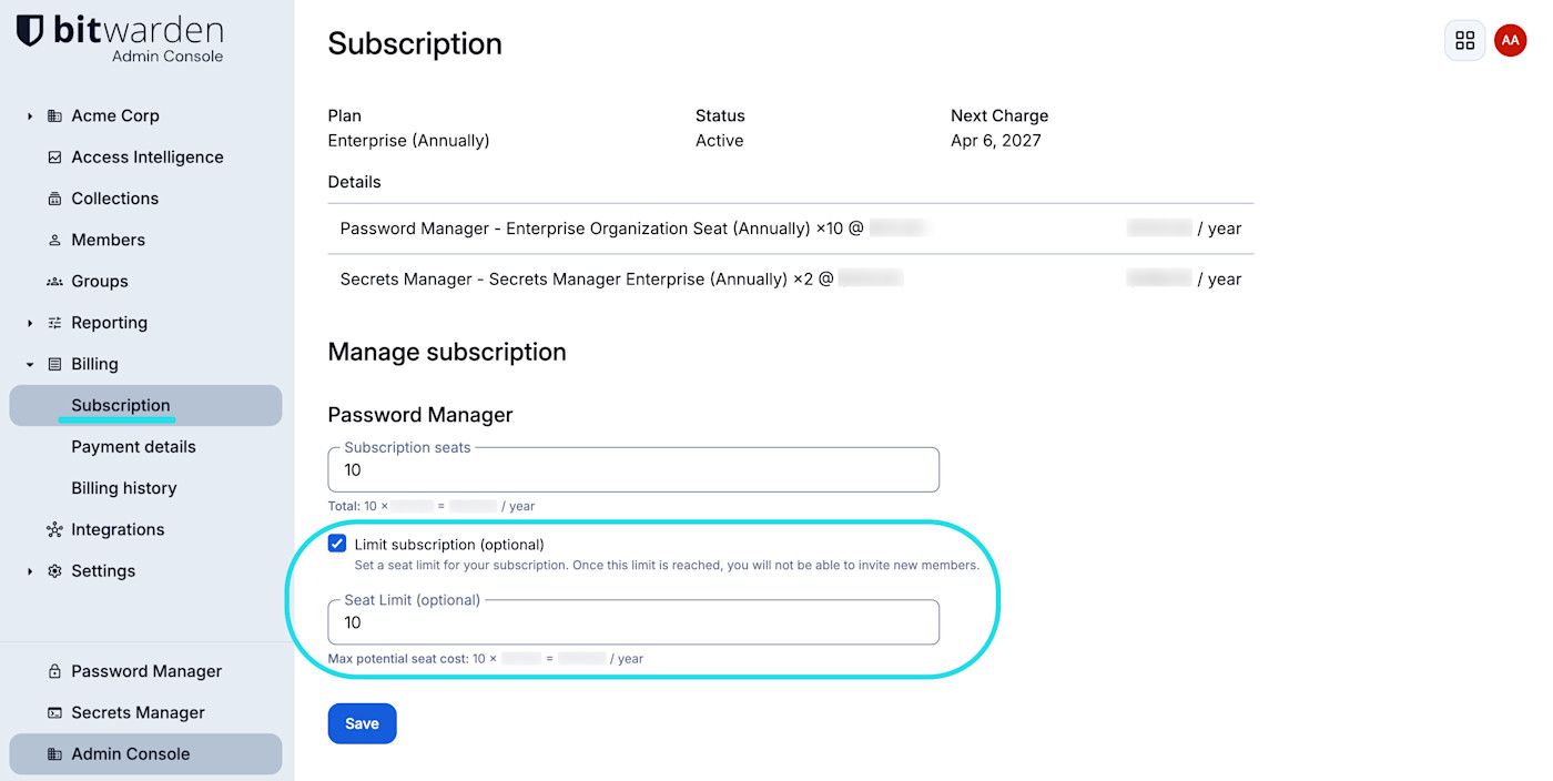 Legen Sie ein Sitzlimit fest 