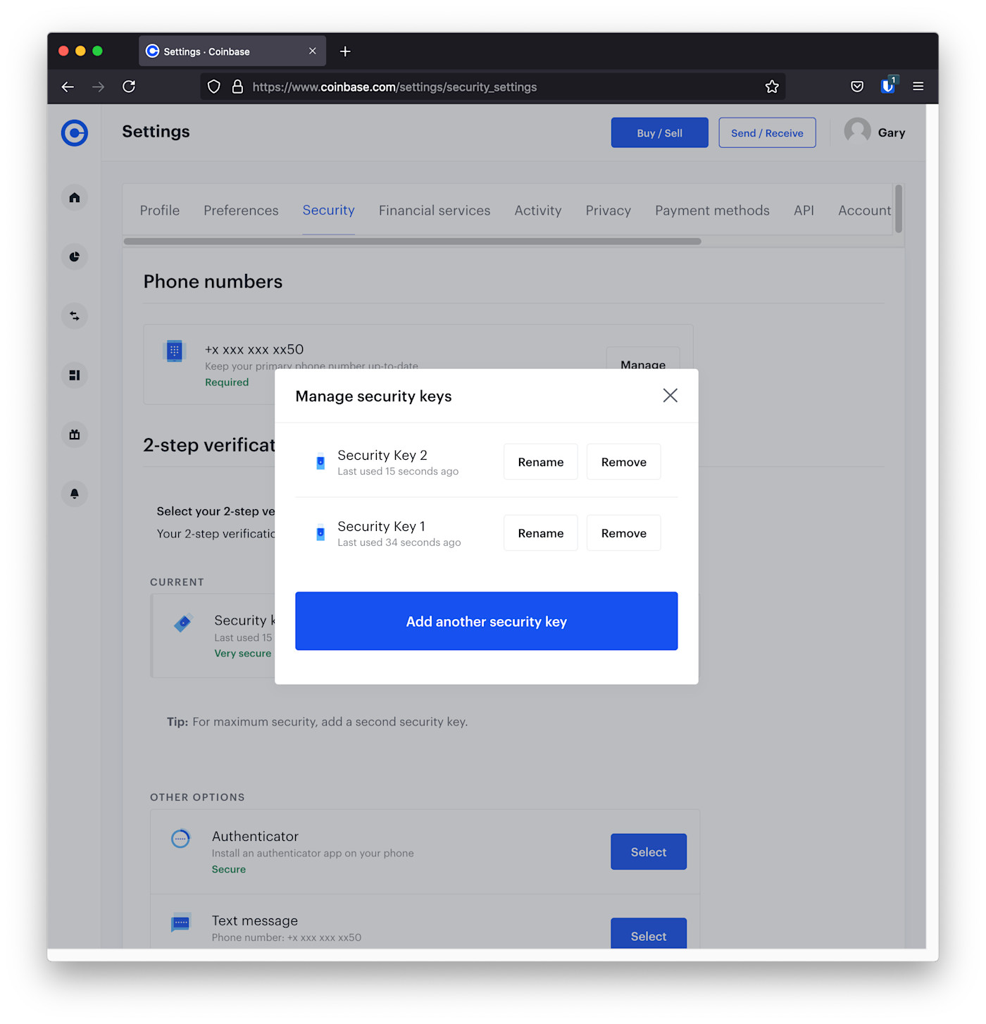Setting up multiple security keys for authentication redundancy in Coinbase