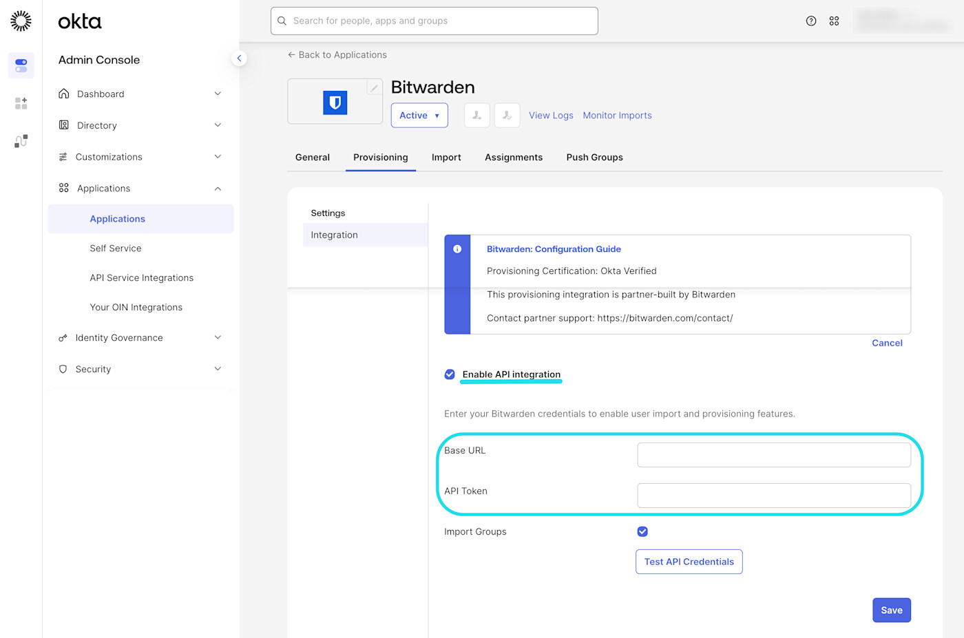 Enter Bitwarden SCIM URL and API key