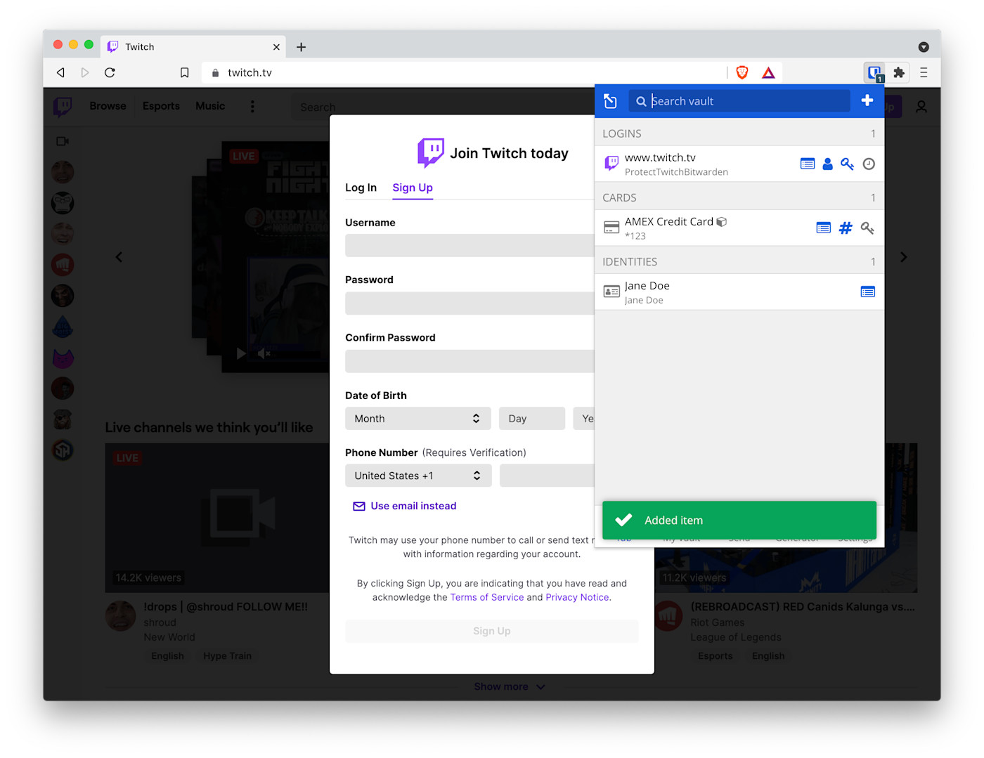 Notification that your Twitch credentials have been saved on the Bitwarden browser extension