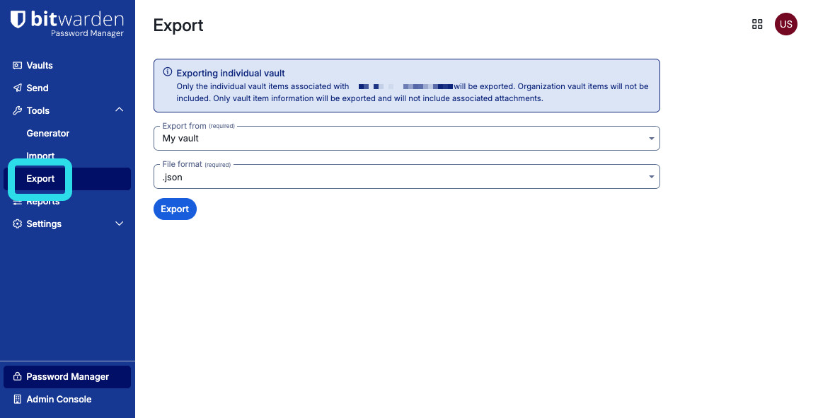 Exportar caja fuerte individual