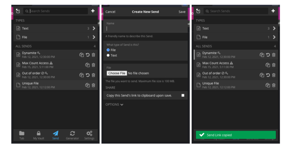 Use Bitwarden Send on desktop, mobile, browser extensions, or CLI