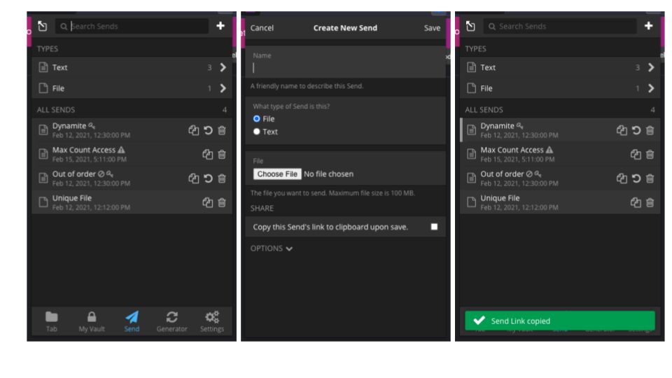 Use Bitwarden Send on desktop, mobile, browser extensions, or CLI